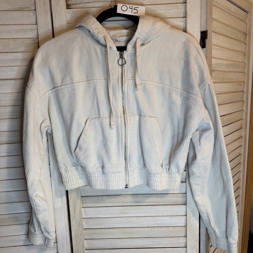 Hollister Women's Beige Corduroy Cotton Full Zip Hooded Hoodie w/ Pockets S